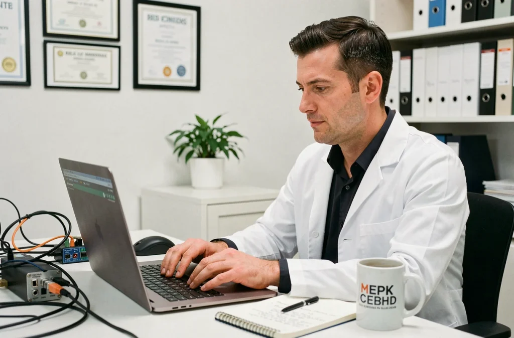 Technicien Docteur IT en blouse blanche analysant un diagnostic sur ordinateur portable dans un bureau professionnel