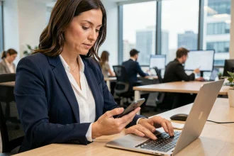 Femme utilisant la double authentification sur son smartphone dans un bureau moderne