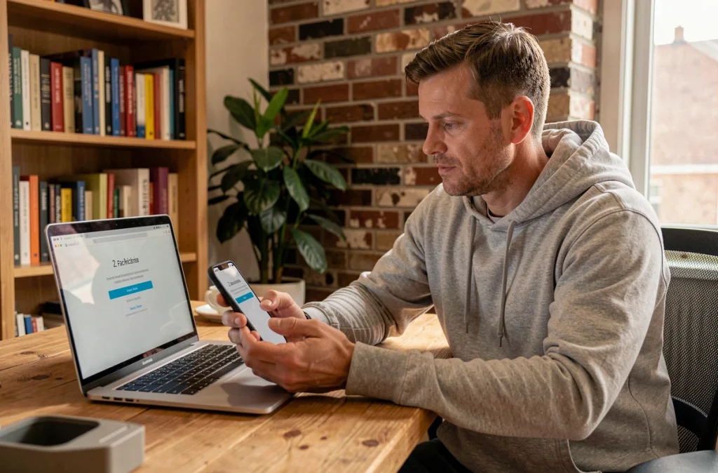 Homme configurant la double authentification sur ordinateur depuis son bureau à domicile