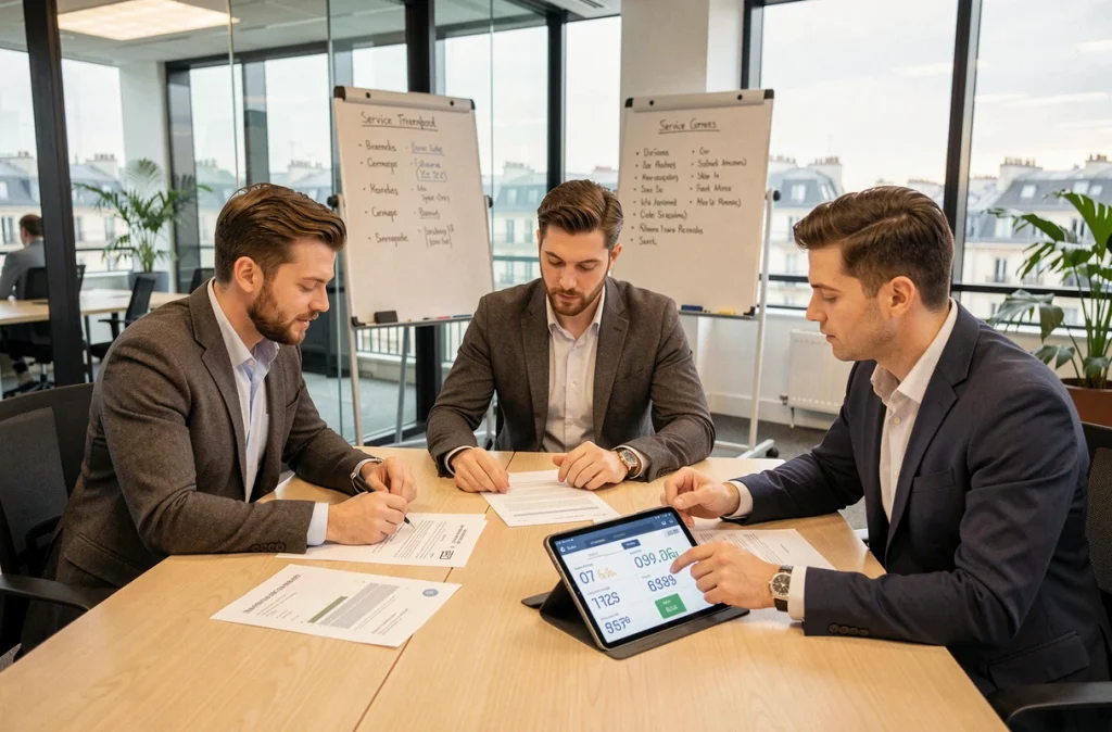 Équipe Dropteam en réunion autour d'un tableau de bord de services managés dans un bureau moderne à Paris