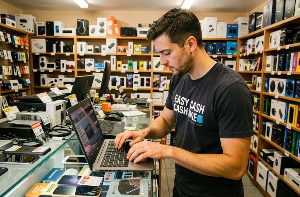 Employé Easy Cash testant un ordinateur portable d'occasion au comptoir d'un magasin de rachat électronique
