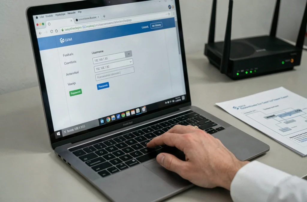 Gros plan sur un écran d'ordinateur affichant la page de connexion à l'interface administrateur d'un routeur avec l'adresse IP locale