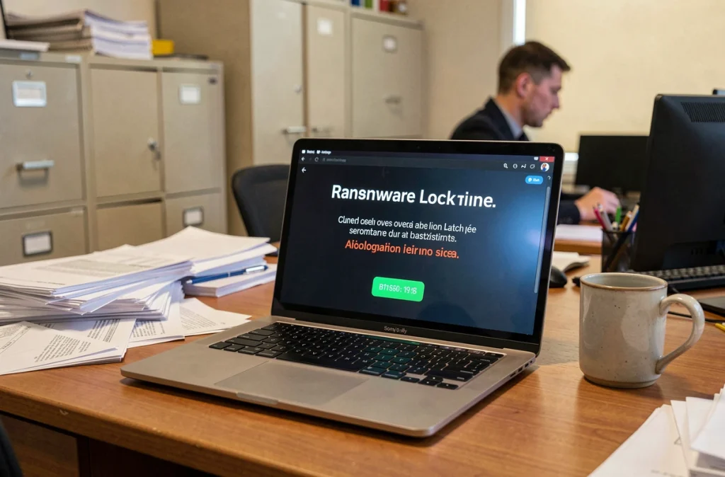 Écran d'ordinateur affichant un message de rançongiciel dans un bureau de PME française