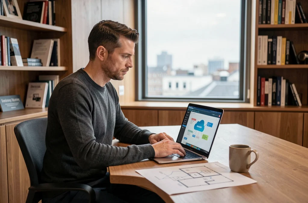 Chef d'entreprise analysant une stratégie de migration vers le cloud hybride sur ordinateur portable dans un bureau privé moderne, symbolisant la prise de décision numérique pour les PME en expansion