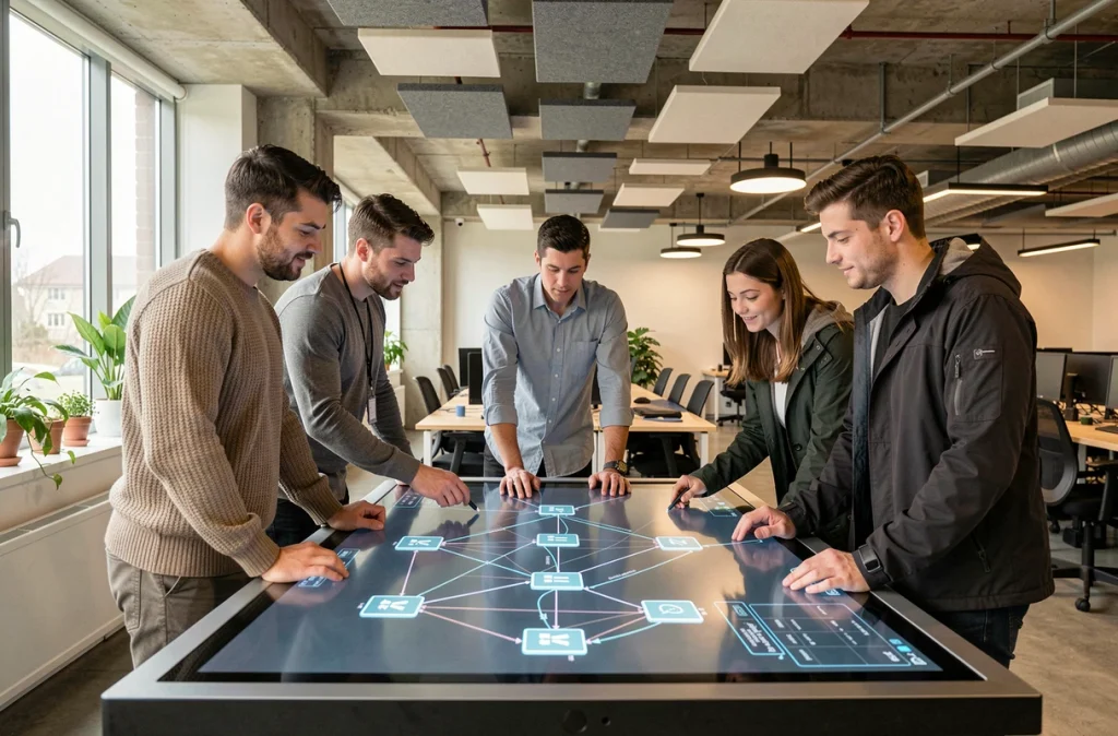 Équipe de professionnels informatiques collaborant autour d'une table tactile affichant une cartographie de virtualisation de parc dans un bureau moderne en open space
