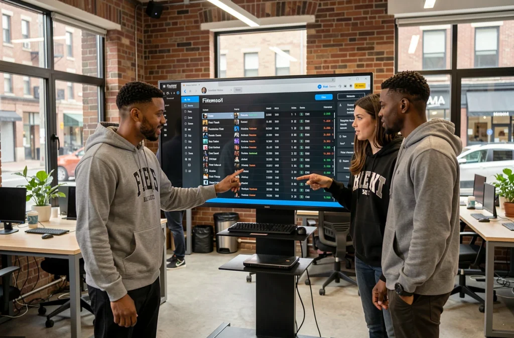Équipe de développeurs analysant les statistiques d'un serveur FiveM en espace de coworking