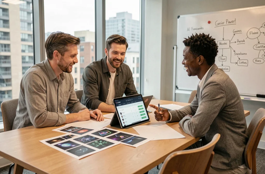 Équipe de créatifs en réunion discutant de l'avenir des modèles IA Civitai dans un espace de coworking