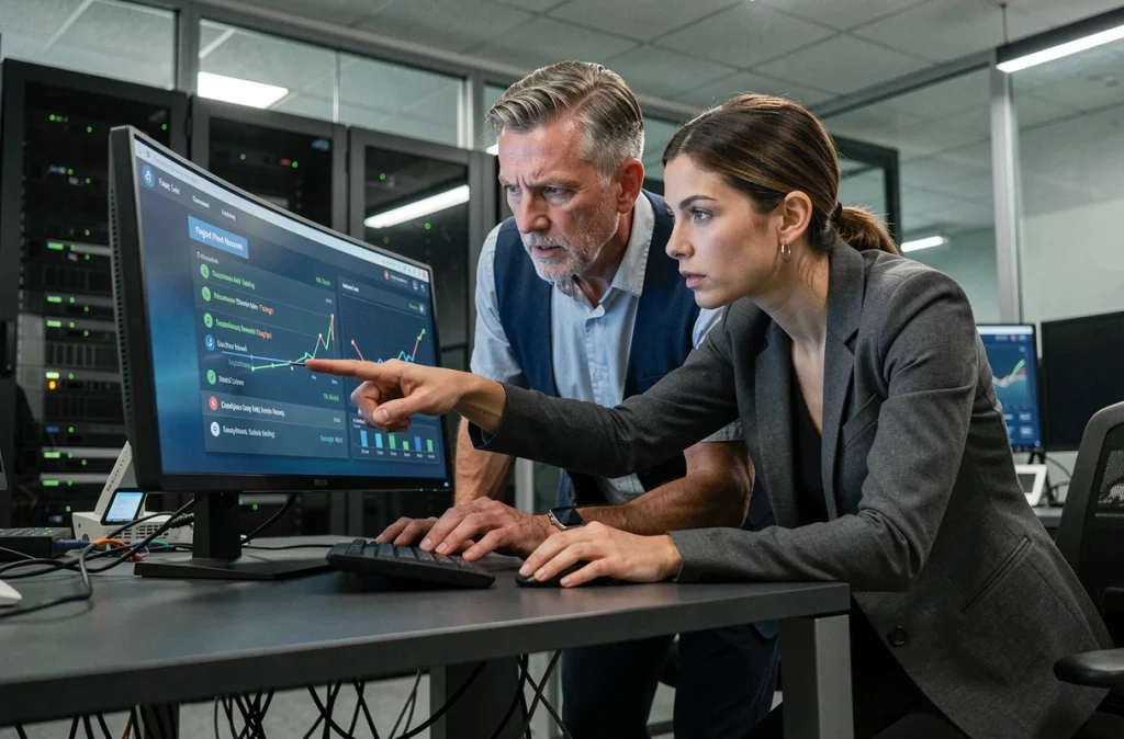 Équipe de professionnels en cybersécurité analysant des tentatives de phishing sur un tableau de bord réseau en entreprise