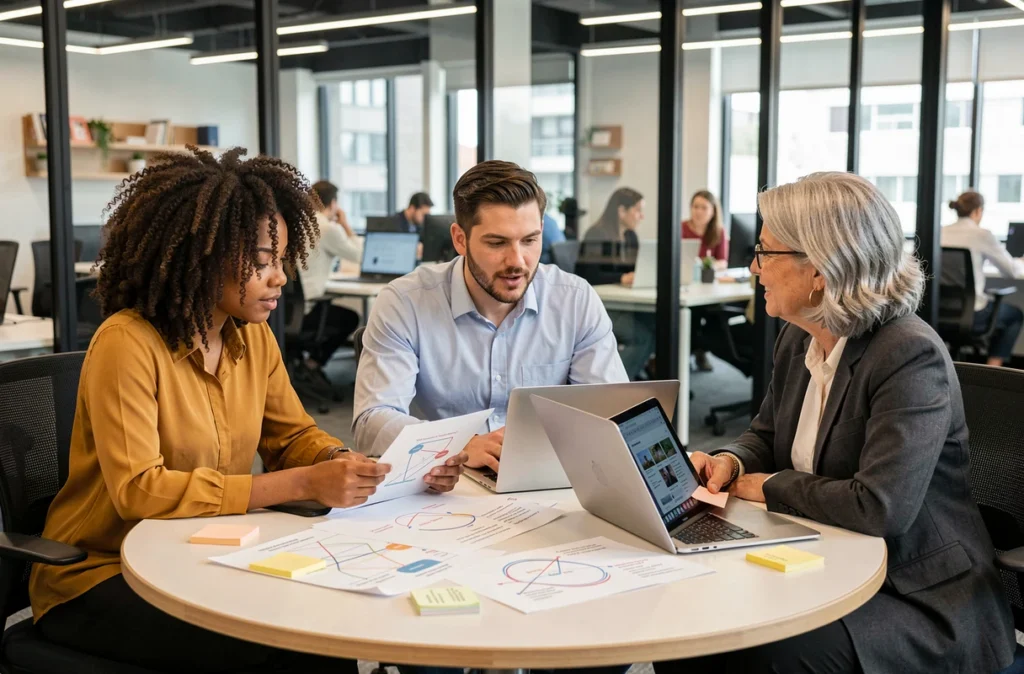 Équipe pluridisciplinaire élaborant une stratégie multimédia et web dans une salle de réunion de coworking moderne