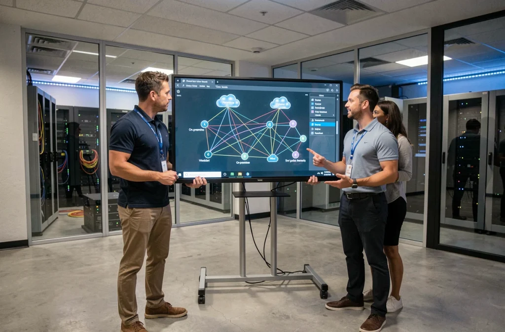 Équipe informatique pluridisciplinaire collaborant devant une carte réseau cloud hybride dans une salle serveurs, représentant la gestion infrastructure IT en entreprise en croissance