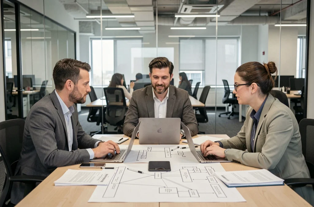 Équipe IT mixte réunie autour d'une table de réunion pour analyser des schémas d'architecture réseau dans un bureau moderne