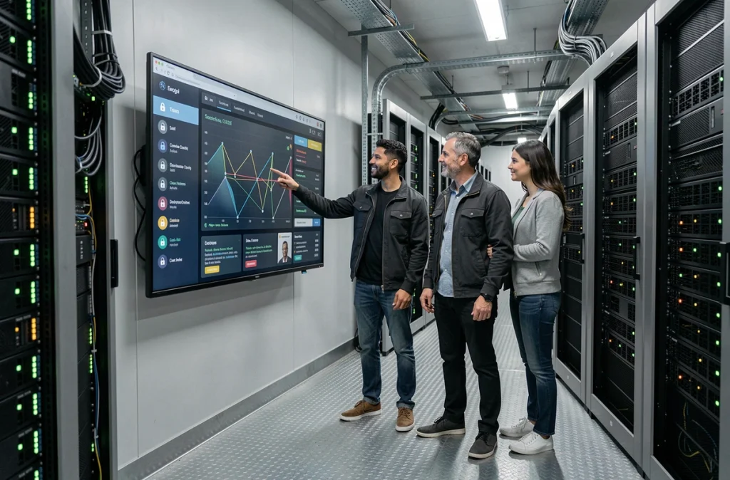 Une équipe informatique analysant un tableau de bord de sécurité réseau chiffrée dans une salle de serveurs professionnelle