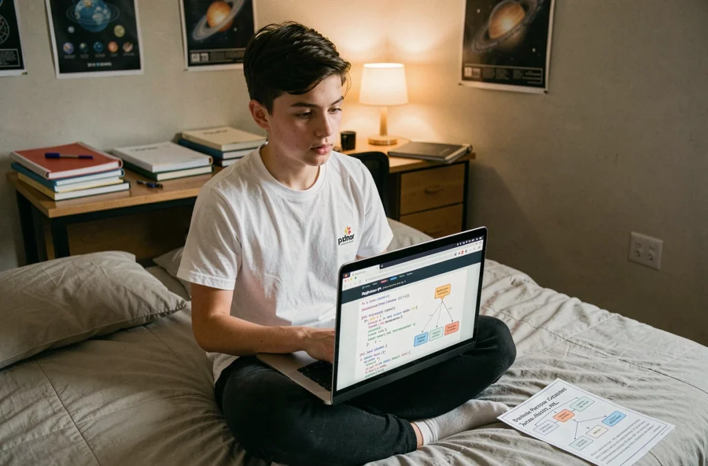 Adolescent débutant qui apprend la lecture de fichiers XML avec Python sur son lit dans une chambre d'étudiant