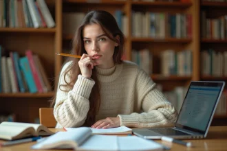 Étudiante qui prépare un examen avec un outil de comptage de texte sur ordinateur portable, entourée de notes et de livres dans une bibliothèque universitaire