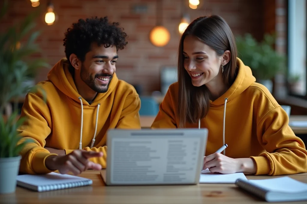 Deux étudiants qui collaborent sur un outil de comptage de texte en ligne pour réviser ensemble avant un concours dans un espace de coworking