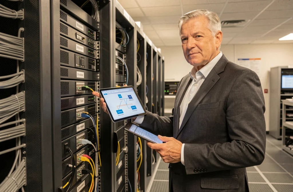 Consultant IT senior d'Euro Tech Conseil dans une salle d'infrastructure à Paris, évaluant une baie serveur avec une tablette