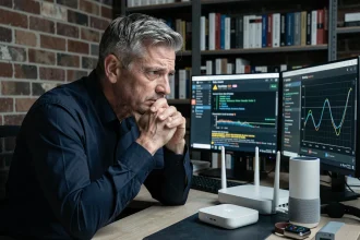 Expert en cybersécurité préoccupé face à des objets connectés vulnérables dans un bureau à domicile