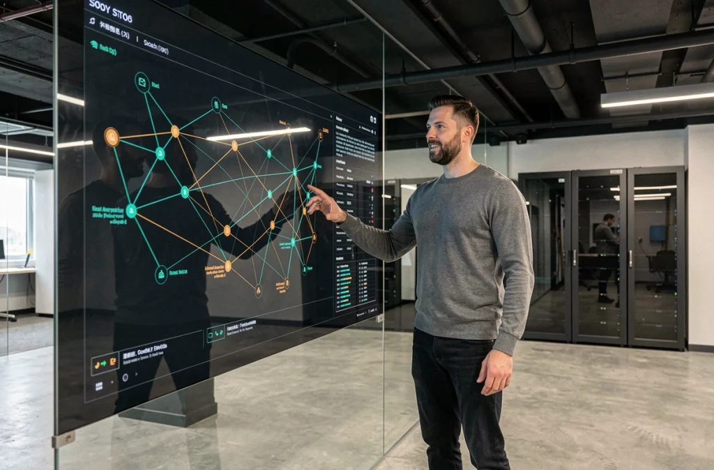 Expert en cybersécurité masculin analysant une visualisation de réseau interactif sur écran transparent dans un bureau technologique moderne