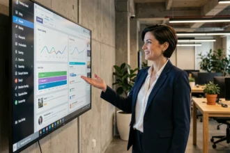Experte en stratégie web et multimédia présentant des tableaux de bord analytics dans une agence digitale moderne