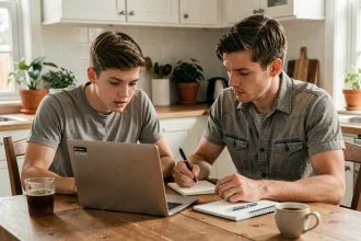 Père et fils configurant ensemble les réglages parentaux d'un ENT scolaire sur un ordinateur portable à la maison