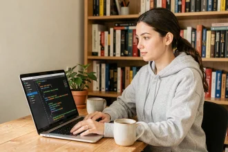 Jeune femme apprenant à lire du XML en Python sur son ordinateur portable dans un bureau à domicile