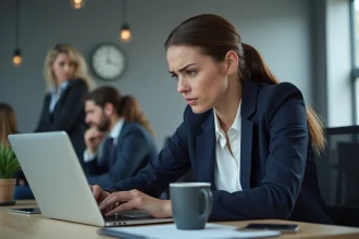 Femme frustrée devant un écran d'ordinateur affichant une erreur de connexion webmail en entreprise