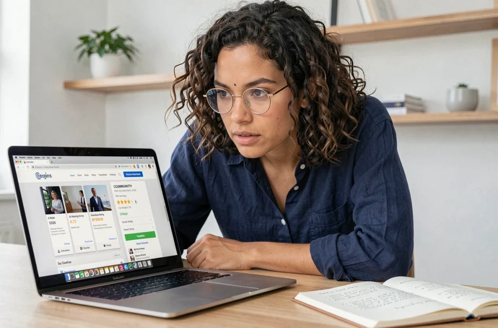 Jeune femme évaluant des modèles IA sur Civitai depuis son bureau à domicile en 2026