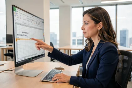 Femme en blazer pointant une formule Excel avec référence de cellule figée sur grand écran de bureau