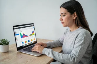 Femme utilisant le gestionnaire de tâches sur MacBook dans un bureau minimaliste moderne