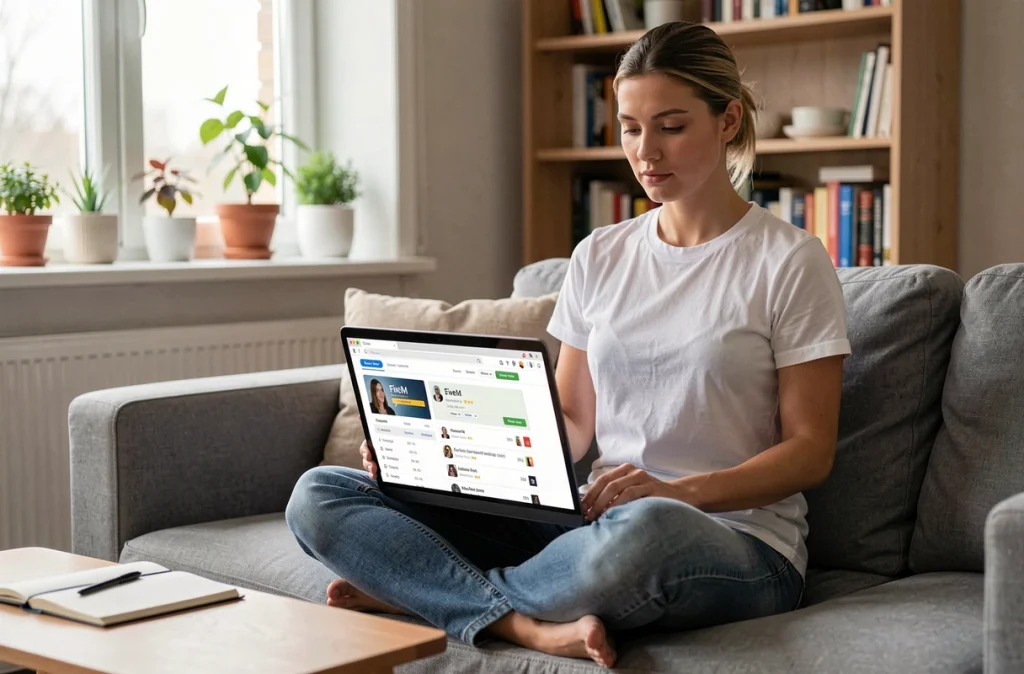 Jeune femme consultant la liste de serveurs FiveM sur son ordinateur portable dans un appartement moderne
