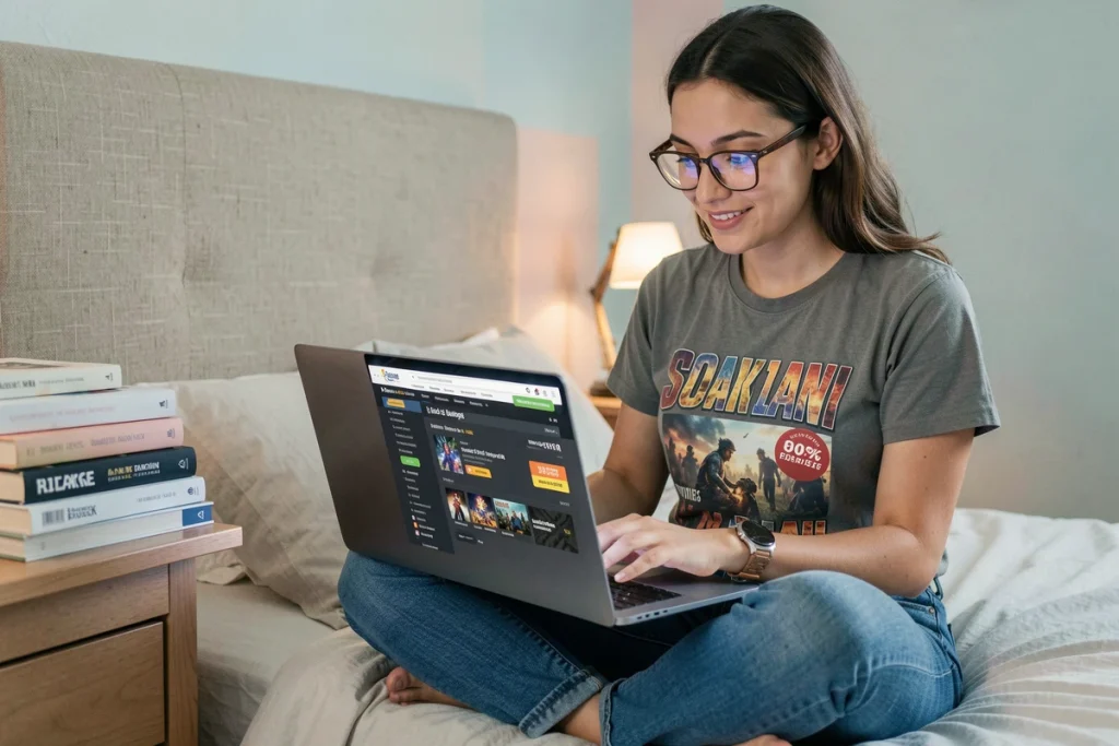 Jeune femme consultant des offres de jeux indépendants en promotion sur son ordinateur portable depuis sa chambre
