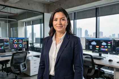 Femme professionnelle dans un bureau moderne analysant des tableaux de bord cloud sur plusieurs écrans, illustrant la gestion d'une infrastructure cloud hybride en entreprise