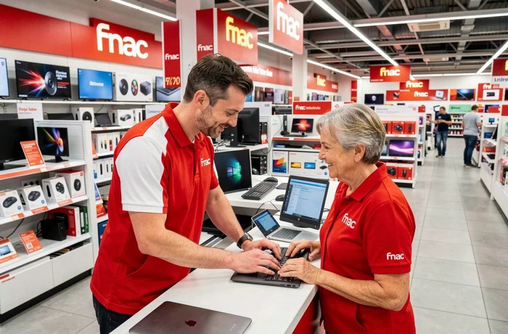 Employé Fnac La Roche-sur-Yon en uniforme rouge aidant une cliente au comptoir service informatique