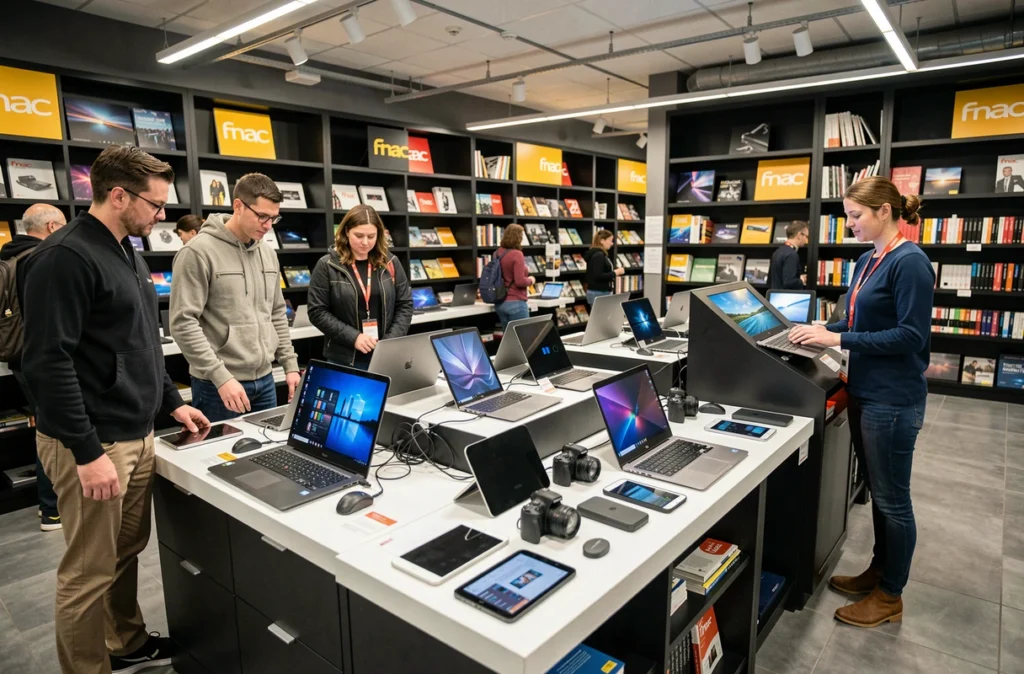 Rayon informatique et multimédia de la Fnac Lille avec des clients devant les ordinateurs portables en démonstration