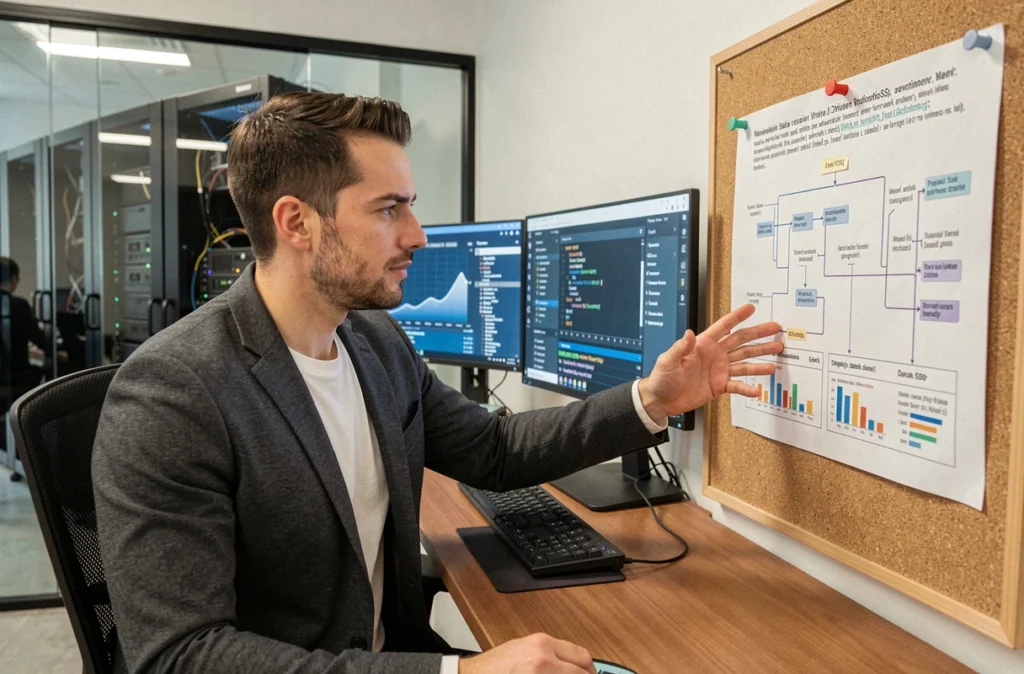 Analyste de données Four Data examinant des tableaux de bord de visualisation sur plusieurs moniteurs dans un bureau orienté data