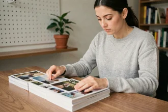 Femme organisant des photos imprimées de différentes tailles sur un bureau en bois, illustrant la fusion et le redimensionnement d'images
