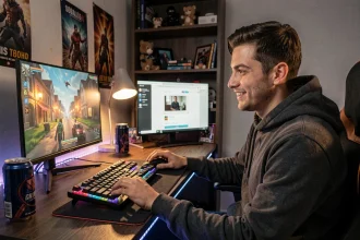 Gamer partageant une capture d'écran de jeu vidéo depuis son bureau gaming avec double écran