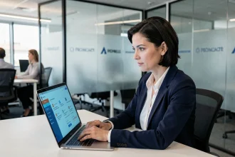 Une responsable informatique gère les accès utilisateurs sur un tableau de bord sécurisé dans un bureau en open space moderne