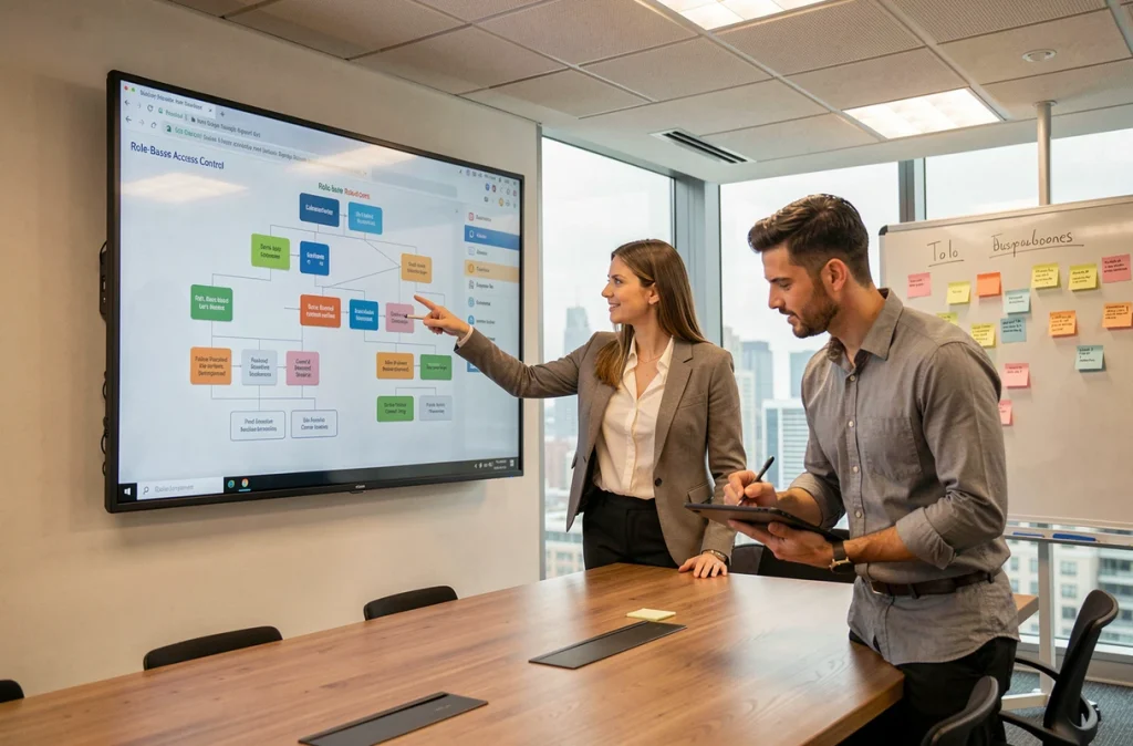 Deux collaborateurs analysent un système de gestion des droits et permissions utilisateurs sur un écran interactif en salle de réunion