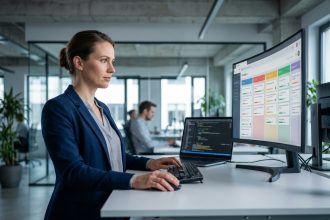 Cheffe de projet informatique analysant un tableau Kanban sur grand écran dans un bureau moderne en open space