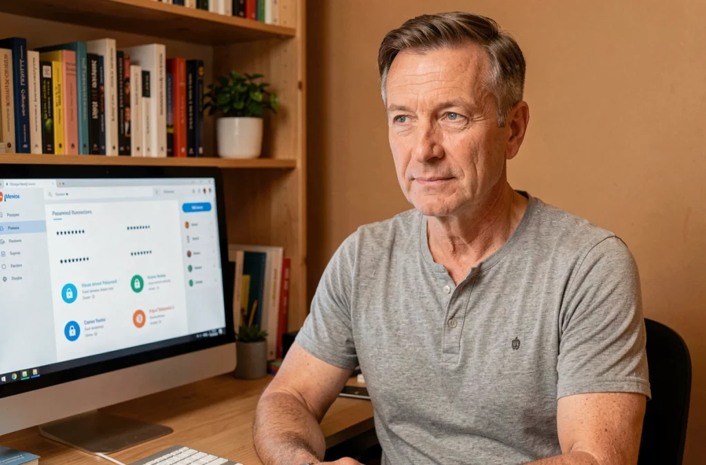 Homme utilisant un gestionnaire de mots de passe sécurisé sur son ordinateur de bureau à domicile