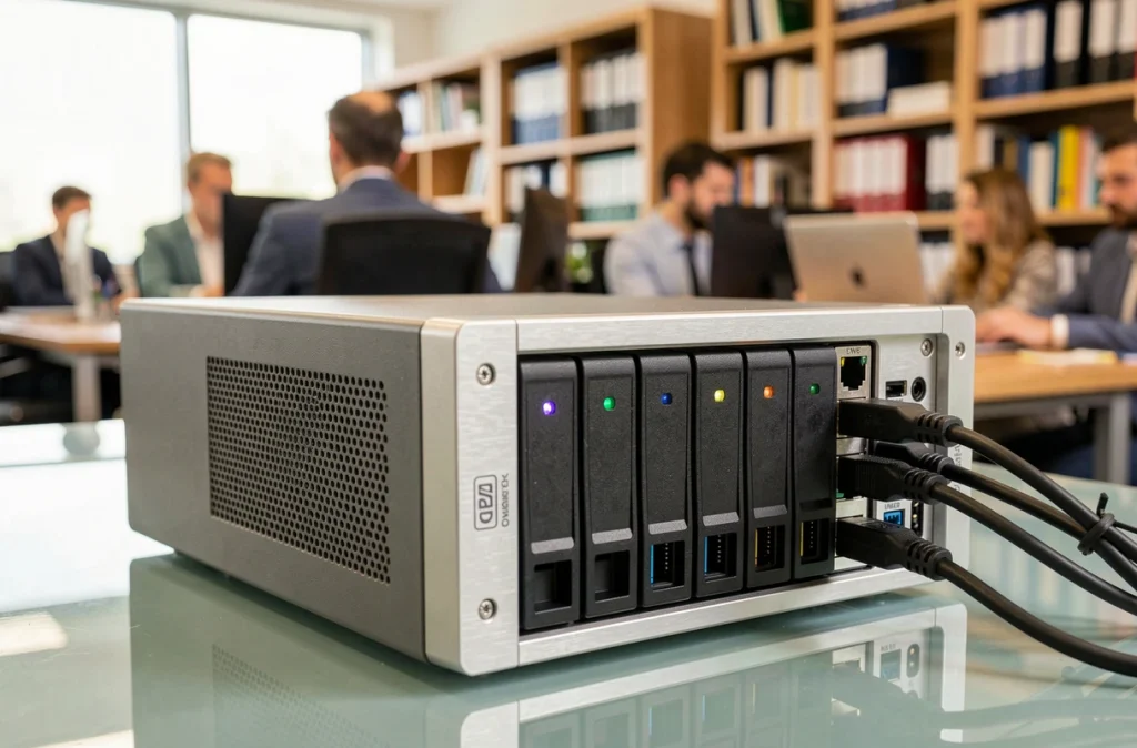 Gros plan d'un serveur NAS à quatre baies posé sur un bureau en verre dans un open space professionnel