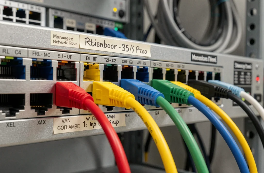 Gros plan sur un switch réseau managé en rack avec des câbles ethernet multicolores représentant la séparation physique des VLANs en datacenter