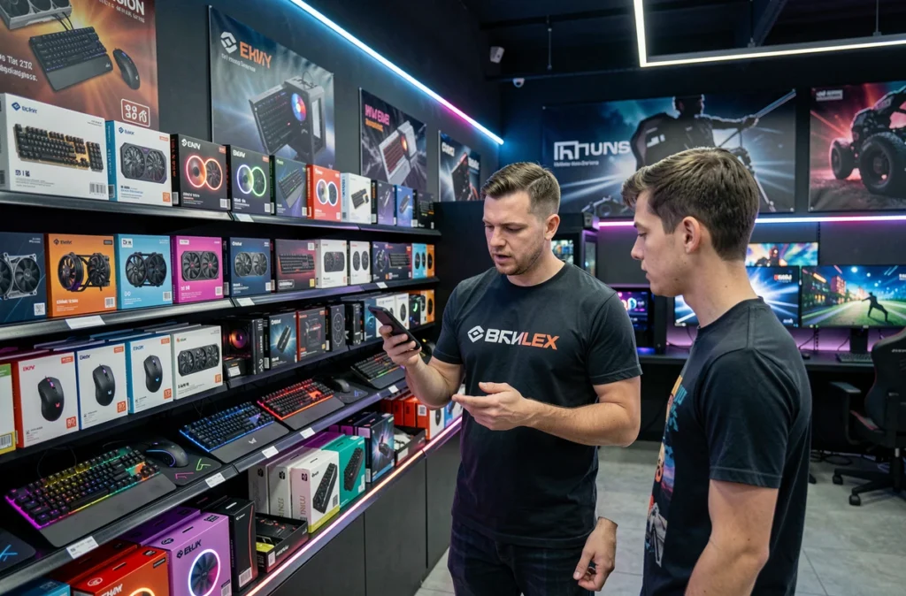 Rayon gaming et composants PC chez Grosbill à Villeneuve-d'Ascq avec un vendeur conseillant un client