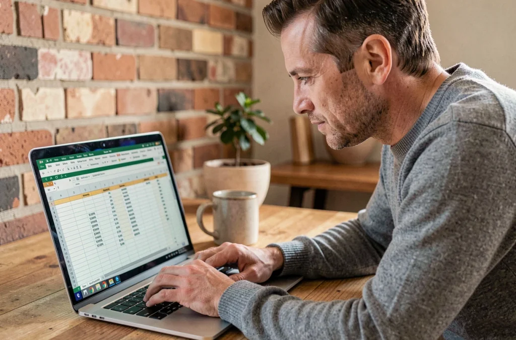 Homme en pull gris analysant des références absolues dans un tableau Excel sur ordinateur portable à domicile