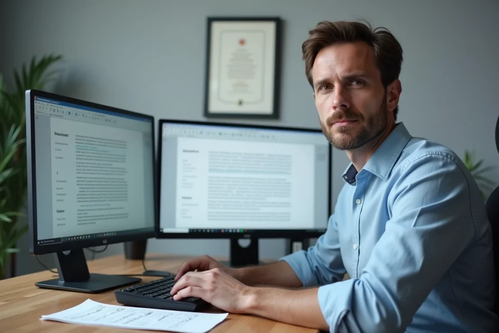 Homme préparant un concours professionnel devant un bureau moderne avec un logiciel de comptage de texte ouvert sur deux écrans