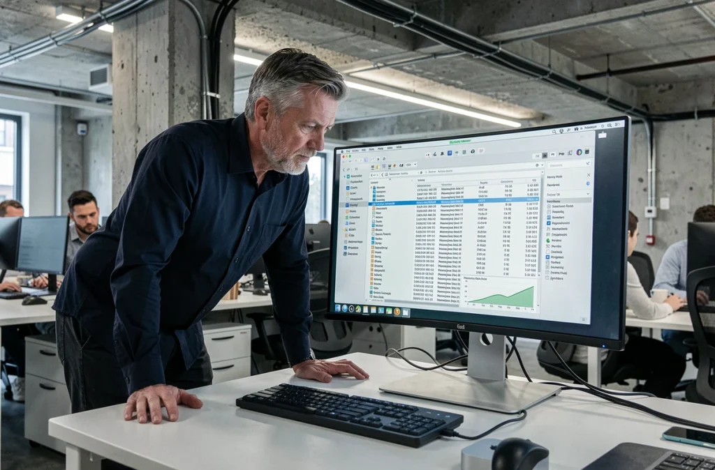 Homme consultant le moniteur d'activité macOS sur grand écran dans un espace de travail professionnel
