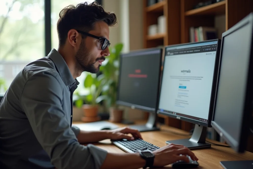 Homme en télétravail consultant une page d'erreur de connexion sur son webmail HCL depuis son bureau à domicile