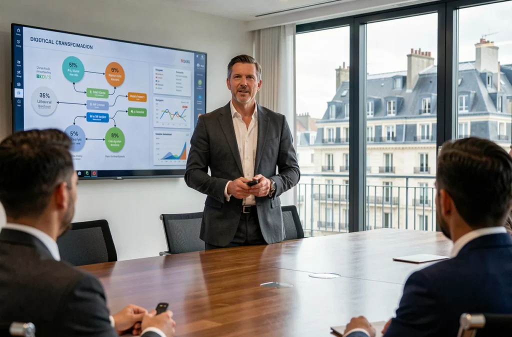 Consultant en transformation digitale d'Impakte Digital présentant une feuille de route stratégique à des clients dans une salle de conférence moderne