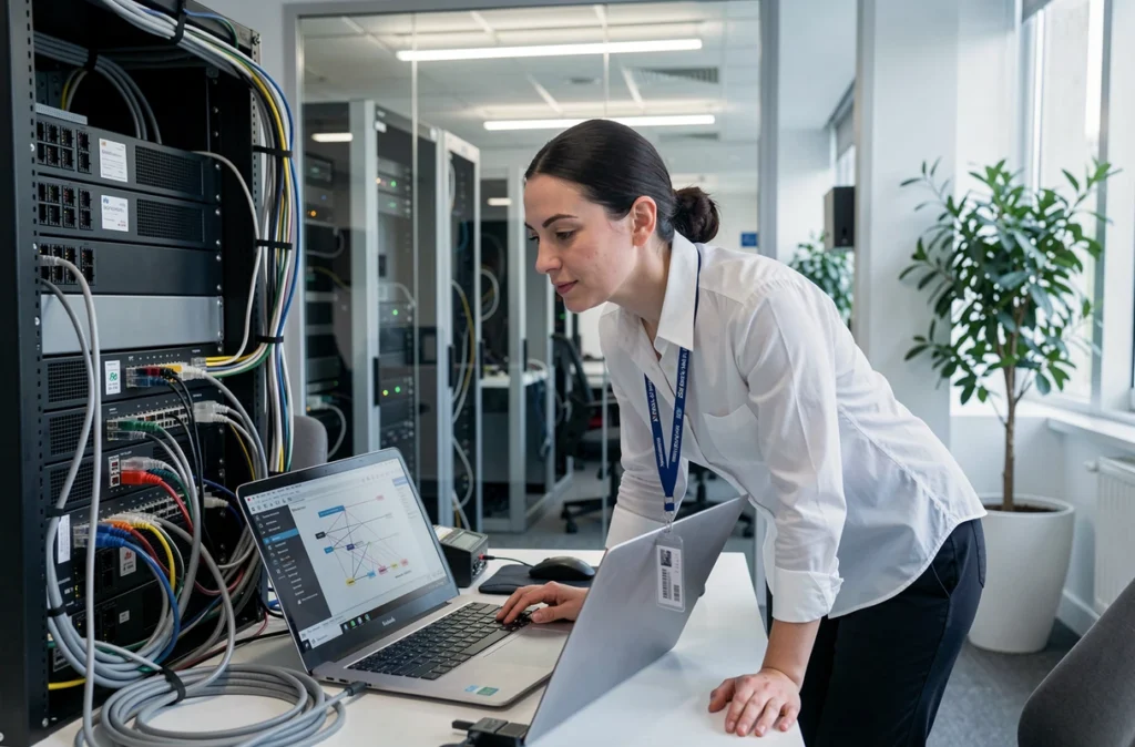 Professionnelle en réseau informatique travaillant sur des équipements réseau dans les bureaux d'IMR à Lille